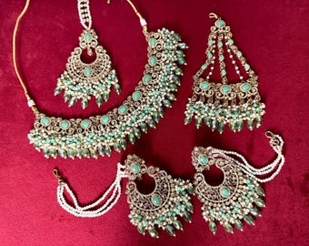 Mint Green Indian Bridal Jewelry Set: Necklace, Earrings, Tikka & Passa