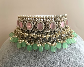 Mintgroene polki chokerketting set: Indiase sieraden