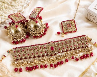 Maroon Bridal Choker Necklace Set: Indian Pakistani Jewelry