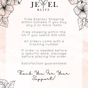 May include: A pink and white floral background with black text that reads "JEVEL BLITZ" and includes information about free shipping and tracking numbers. The text also says "Thank You For Your Support!" and includes the website address "www.Thejewelblitz.com".