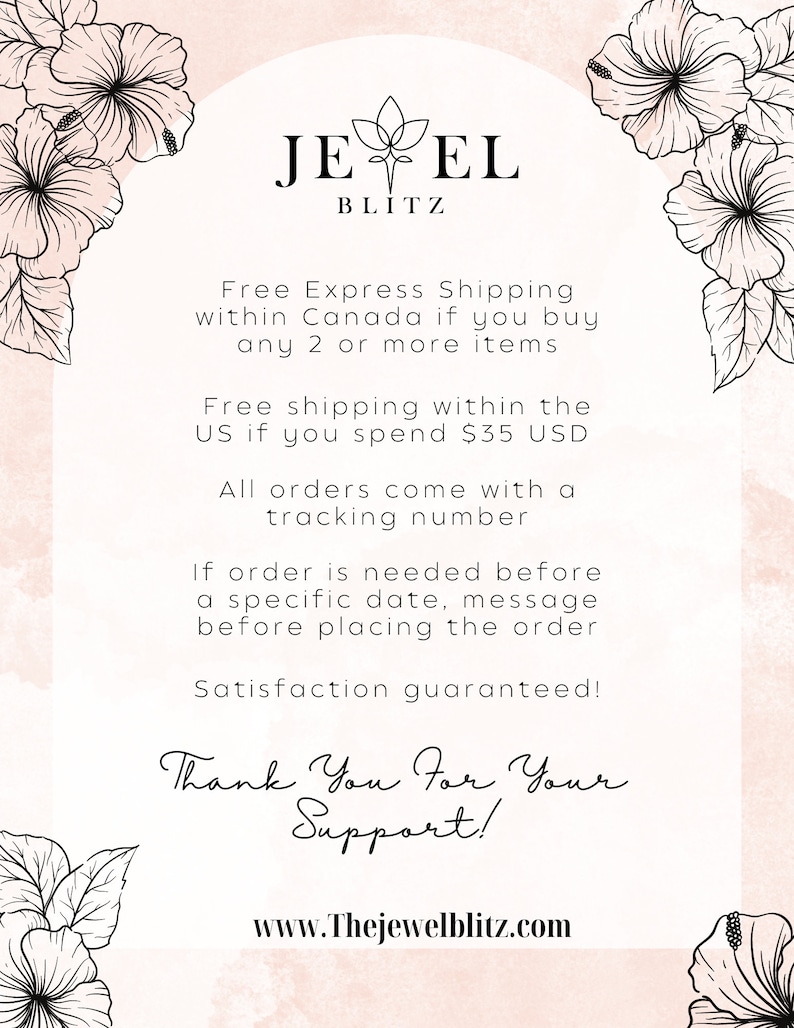 May include: A pink and white floral background with black text that reads "JEVEL BLITZ" and includes information about free shipping and tracking numbers. The text also says "Thank You For Your Support!" and includes the website address "www.Thejewelblitz.com".
