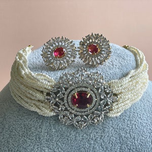 Magenta Pink Choker Indian CZ crystal Necklace Pink Necklace Set Pearl Sari Necklace Sangeet Jaggo Haldi Indian wedding jewelry hot pink