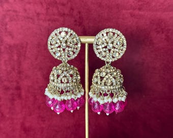 Hot Pink Indian Earrings | Kundan & Pearl Earrings | Gold-Plated Ethnic Jewelry | Traditional Jhumka | magenta jhumkas