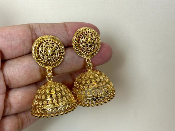24 Karat look Gold Plated Jhumka Earrings: Antique Indian Jewelry gold look traditional jhumkas indian earrings
