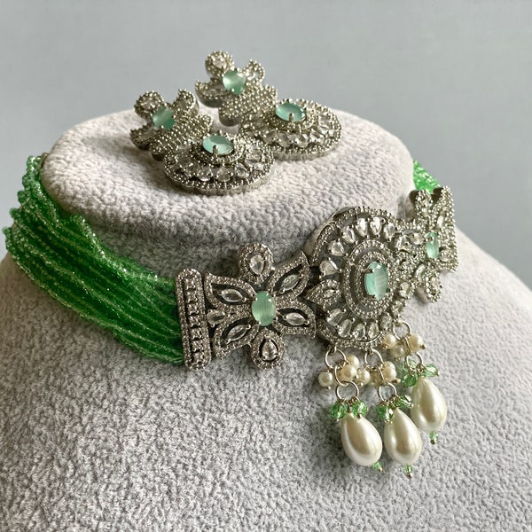 Mint Green AD Choker Silver Necklace Set Green Choker Indian Jewelry Reception Jewelry Summer wedding sangeet jewelry CZ crystal choker