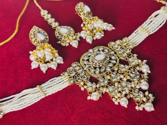 Indian Kundan Choker Set: Pearl Jhumkas & Tikka
