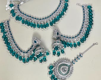 Silver Teal Kundan Choker Set with Bahubali Jhumkas, Indian Jewelry