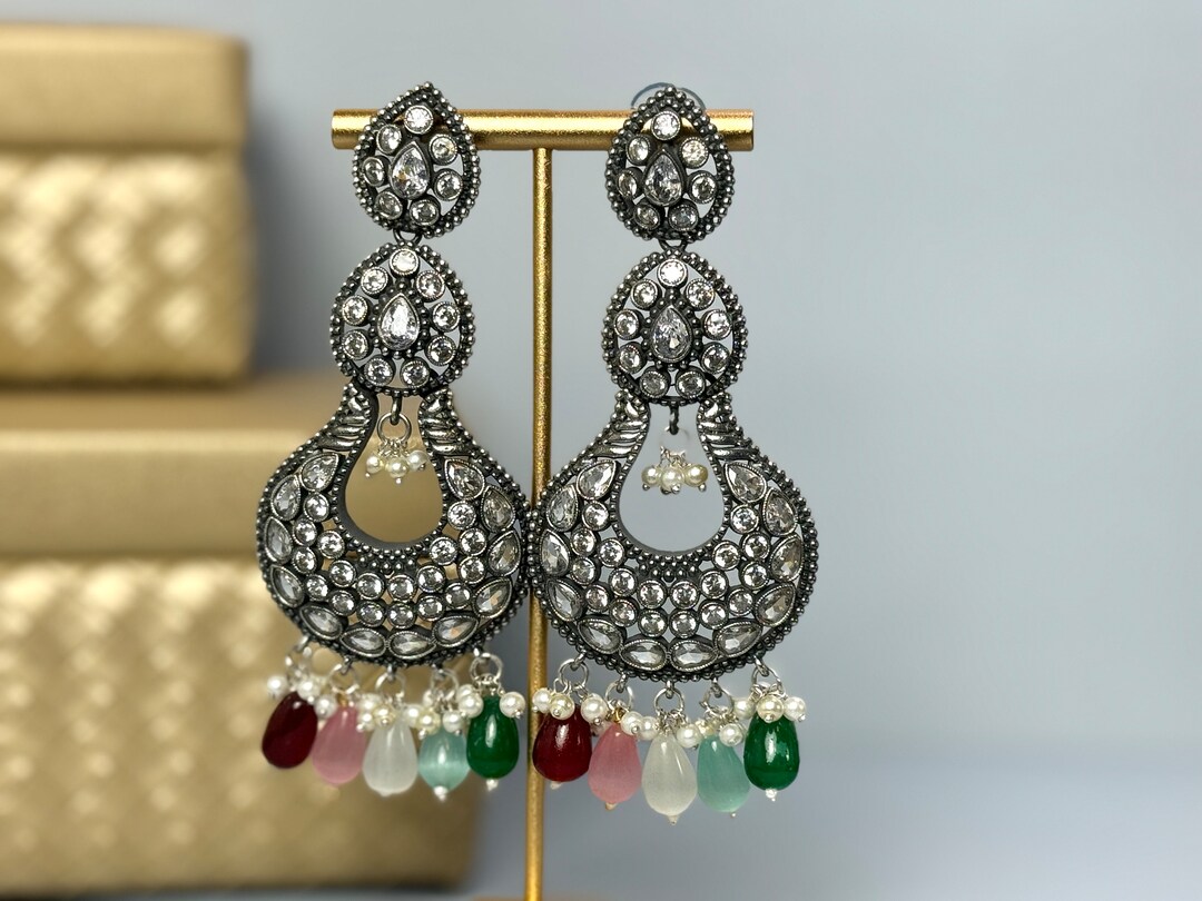 Jhumka Rhinestone Oversized Indian Jhumka Earrings: Rhinestone Chandbali Mirror Earrings ...