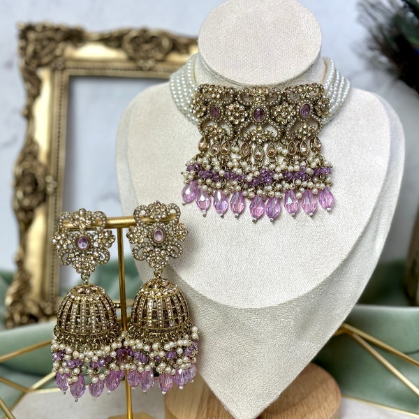 Ensemble ras de cou indien parure de mariée lavande et polki jhumkas pakistanais violet clair Bijoux de mariage indien Reverse AD Bijoux Grace 1001