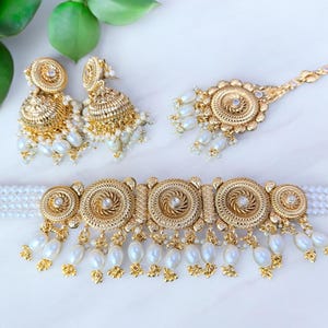 Indian gold temple jewelry sangeet set indian wedding white pearl gold choker south jewelry bollywood jewelry