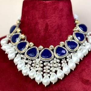 Royal Blue and White Indian Necklace Statement choker Victorian Jewelry Kundan Polki Choker Indian Jewelry Sangeet Set Navy Blue