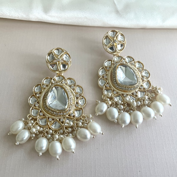 Kundan Earrings Indian Earrings Sangeet Earrings Gold Jhumkas Gold Kundan Earrings Pakistani Earrings Pearl and Kundan Earrings