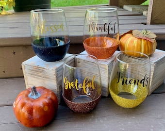 Fall Glitter Wine Glasses- Thanksgiving Glasses, Autumn Decor, Table Decor, Stemless Wine Glass, Glassware