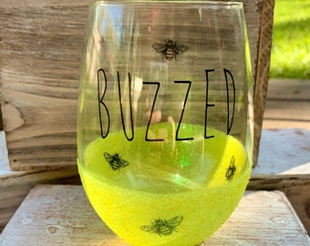 Buzzed Glitter Wine Glass- Stemless Wine Glass, Yellow Wine Glass, Drinkware, Glassware, Barware