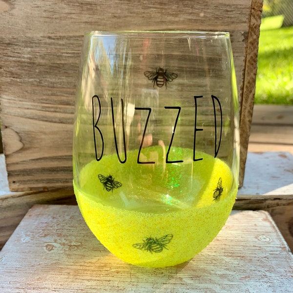 Buzzed Glitter Wine Glass- Stemless Wine Glass, Yellow Wine Glass, Drinkware, Glassware, Barware