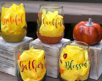 Fall Glitter Wine Glasses-Thanksgiving Glasses, Autumn Decor, Table Decor, Stemless Wine Glasses, Glassware