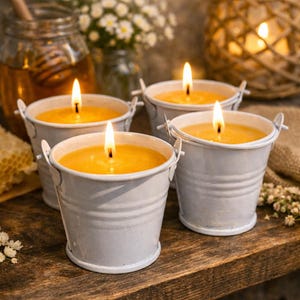Mini Pail Bucket Candle Favors, Bee Party Decor and Table Setting, Pure Beeswax Bucket Candle for Bride or Baby to Bee