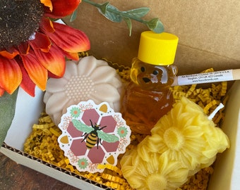 Sunflower Gift Box, Sunflower Lover Gift Basket with Honey, Honey Bee Sunflower Beeswax Candle and Sunflower Soap Spa Set