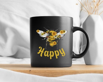 Sunflower Bee Mug, Sunflower Gift, Bee Lover Mug, Sunflower Coffee Mug, Bee Happy Gift, Black 11oz Mug