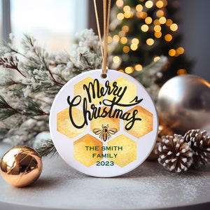 Honey Bee Ornament, Ceramic Honey Comb Christmas Ornament, Personalized Honey Bee Gift, Save the Bees Gift