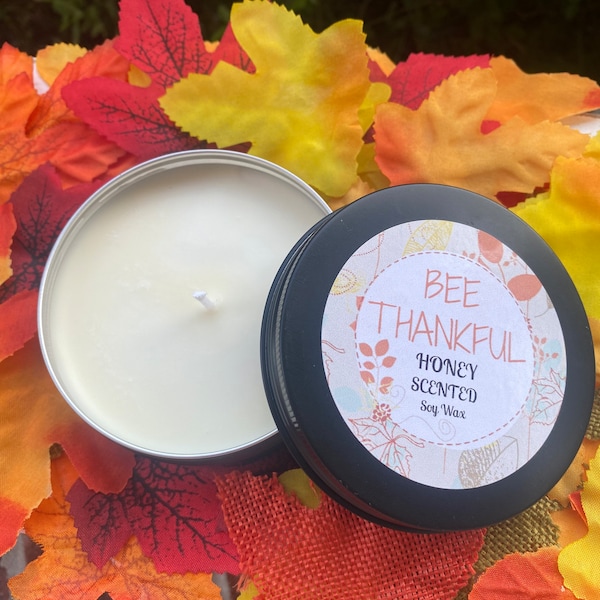 Fall Candle, Honey Scented Soy Travel Candle or Favor, Bee Thankful Gift Thanksgiving Candle