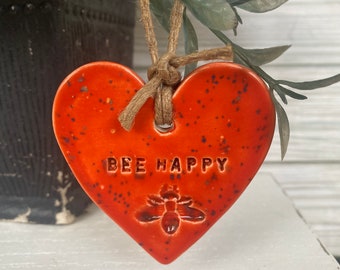 Bee Happy Ceramic Heart Ornament | Handmade Bee Christmas Ornament | Beekeeper Stocking Stuffer | Bee Lover Gift | Holiday Tree Decor
