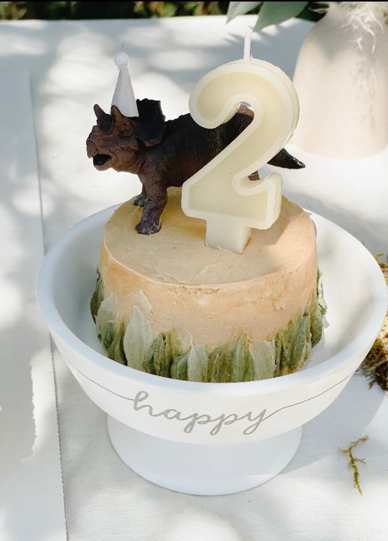 May include: A small birthday cake with a brown triceratops figurine wearing a party hat and a number 2 candle. The cake sits in a white pedestal bowl with the word "happy" written on the side.