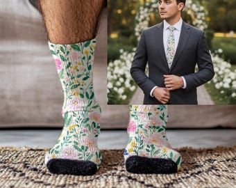 Floral Groomsmen Gift, Groom Socks and Tie, Groom Floral Necktie, Groomsmen Outfit, Botanical Wildflower Wedding, Garden Wedding Bridal Gift