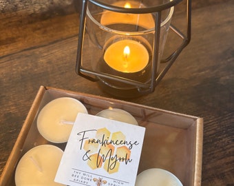 Frankincense & Myrrh 6 Count Natural Soy Wax Tealights Hand Poured with Fragrant/Essential Oils | Holiday Tealights | Earthy & Clean
