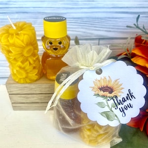 Sonnenblume Dankeschön oder Party Favor, Sonnenblume Bienenwachs Kerze und Honig Geschenk, Freundschaft Geschenk Bundle