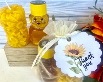 Sonnenblume Dankeschön oder Party Favor, Sonnenblume Bienenwachs Kerze und Honig Geschenk, Freundschaft Geschenk Bundle