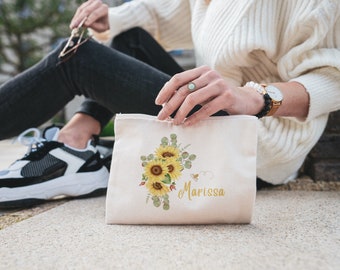 Personalized Sunflower Bag, Sunflower Bridesmaid Gift Bag, Sunflower Pencil Pouch, Custom Makeup Bag, Honey Bee Tote