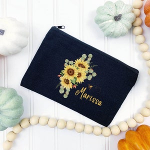 Personalized Sunflower Bag, Sunflower Bridesmaid Gift Bag, Sunflower Pencil Pouch, Custom Makeup Bag, Honey Bee Tote
