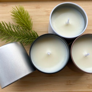 May include: Three round metal candle tins containing white wax with centered wicks. One tin is silver, one is black, and one is bronze. A small green artificial pine sprig rests beside the silver tin, which is shown from the side.