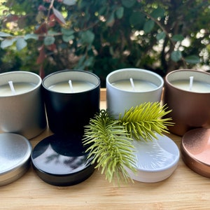 May include: Four cylindrical candles in silver, black, white, and copper metal tins with matching lids. Each candle features a single white wick centered in off-white wax. A small green pine branch rests in front of the white candle container.