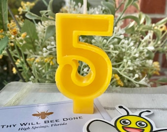 Number 5 Beeswax Birthday Candle | Fifth Birthday Cake Topper | All Natural Bee Birthday Candle | Pure Beeswax Number Candle | Bee Party