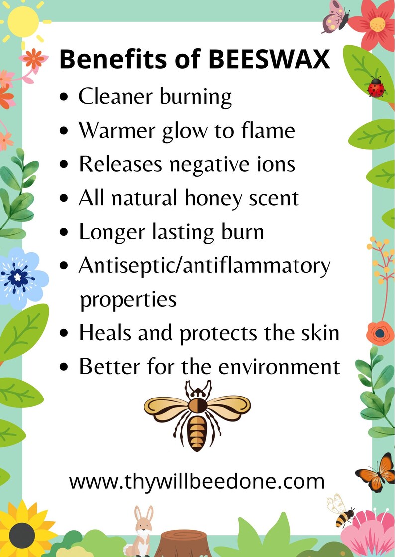 May include: A decorative poster with the text "Benefits of BEESWAX" and a list of benefits, including cleaner burning and a natural honey scent. The image features a bee illustration and a website address.