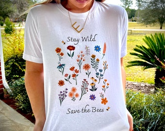 Wildblumen botanisches Shirt, speichern Sie die Bienen T-Shirt, bleiben Sie Wild Plant Lady Shirt, Honigbiene Geschenk für Frauen