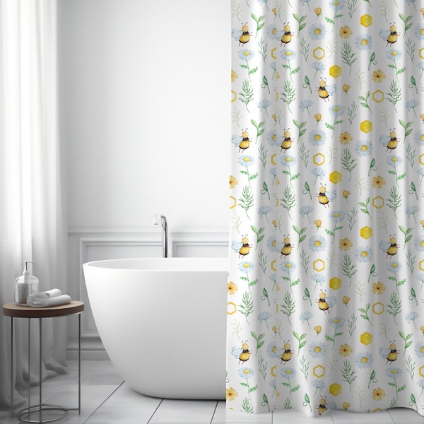 Kids Shower Curtain | Children Cottagecore Bathroom Decor | Bee and Butterfly Kids Bath | Nature Nursery Shower Curtain | Kid Bathroom Gift