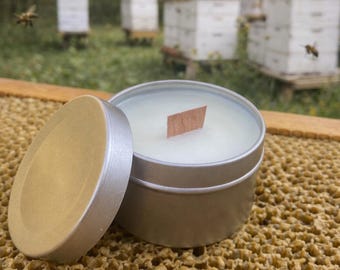 2oz Scented Soy Candle Party Favors, Rose Gold Tin, Honey Fragrance, Wooden Wick, Unlabeled