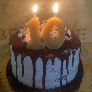 May include: A chocolate cake with white frosting and chocolate drips. Two lit candles shaped as the number 10 are on top. The cake is decorated with whipped cream and chocolate sprinkles. The cake sits on a gold-colored cake board.