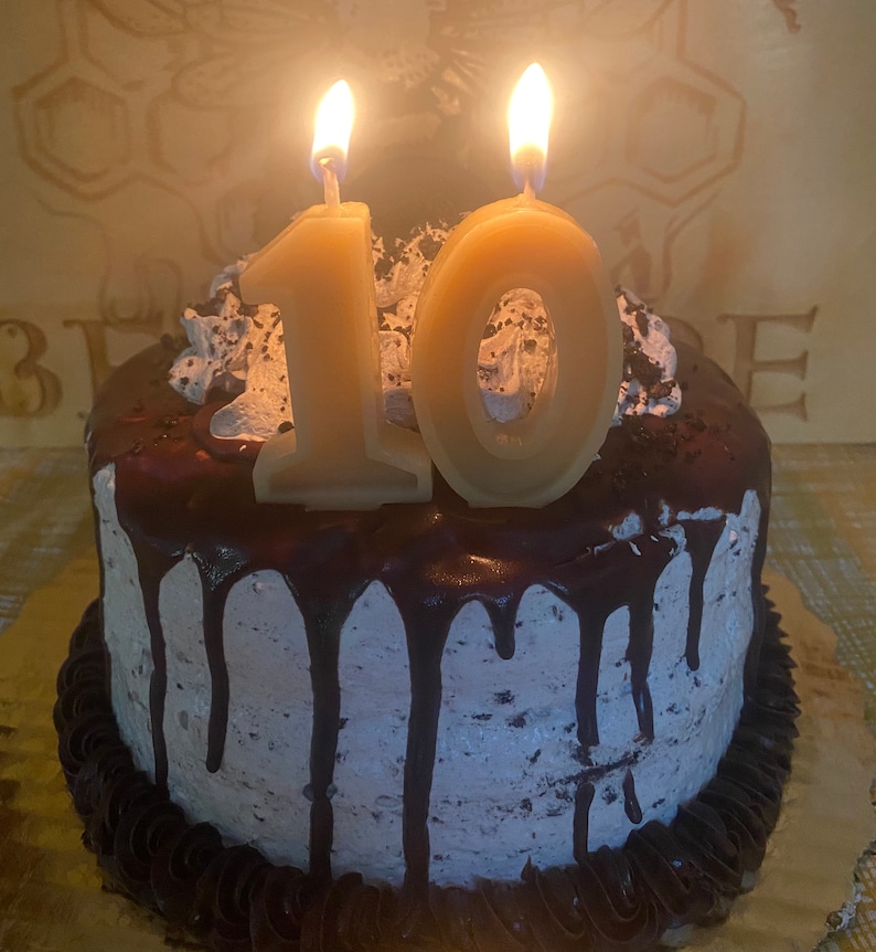 May include: A chocolate cake with white frosting and chocolate drips. Two lit candles shaped as the number 10 are on top. The cake is decorated with whipped cream and chocolate sprinkles. The cake sits on a gold-colored cake board.