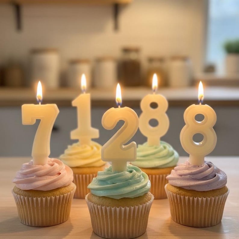May include: Five cupcakes with lit number candles spelling out 71288. Each cupcake has a different color frosting: pink, yellow, blue, green, and purple. The candles are a pale yellow color.