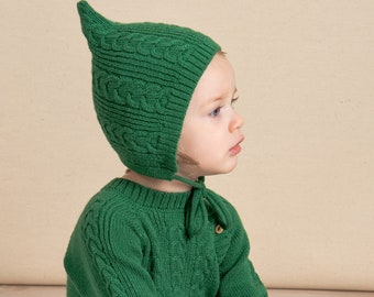 Selva Green Cable Knit Wool Romper and Bonnet Set: 100% Baby Alpaca Wool Knitted Gift Set for Baby or Toddlers