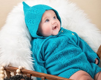 Blue Cable Knit Wool Romper and Bonnet Set: Baby Alpaca Wool Knitted Gift Set for Baby or Toddlers. Cable Knit Wool Set with Hat Baby Alpaca