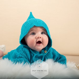 Blue Cable Knit Wool Romper en Bonnet Set: Baby Alpaca Wol Gebreide Gift Set voor Baby of Peuters. Kabel Gebreide Wol Set met Hoed Baby Alpaca afbeelding 2