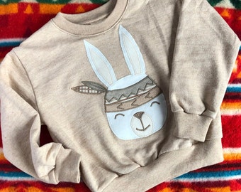 Peruaanse GOTS Native Organic Cotton Brushed Fleece Sweatshirt en Sweatpants Set Gender Neutral Pakucho undyed Natural Color Bunny Applique