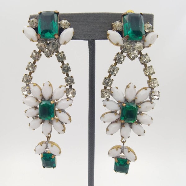 Handmade Czech Emerald-Green Rhinestone Earrings – Vintage Husar D Statement Earrings