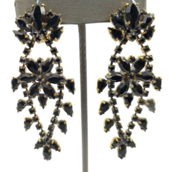 Czech Black Rhinestone Earrings -  Rare Vintage Husar D Jewelry