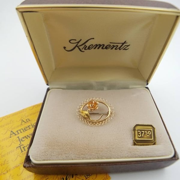 Vintage Krementz 14K Gold Overlay Rose Pin – Tiny Rose Brooch – Krementz Original Box and Warranty
